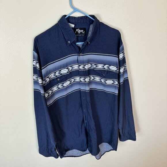 Roper Mens XL Western Shirt Aztec Pattern 100% Cotton Vtg Tall Blue White - Picture 1 of 8